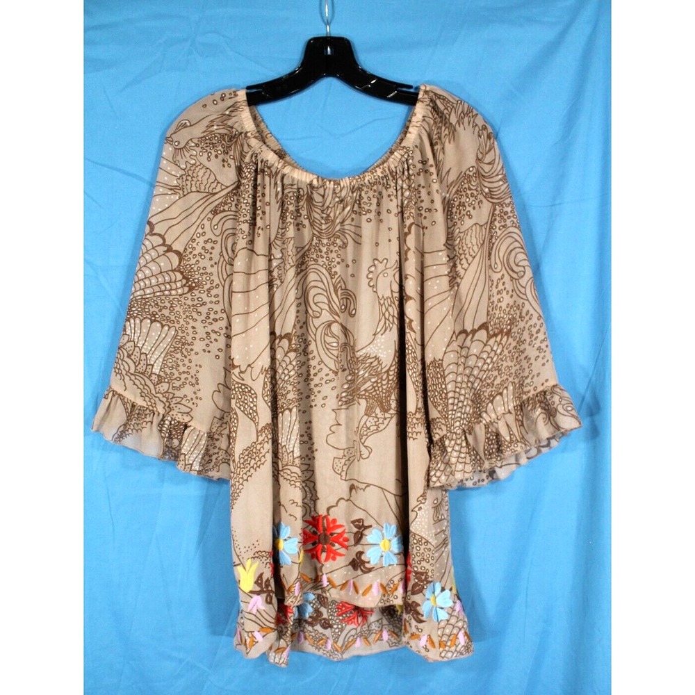 IVY JANE Tan/Brown BIRD PRINT Colorful FLORAL EMBROIDERED Chiffon BLOUSE/TOP XS